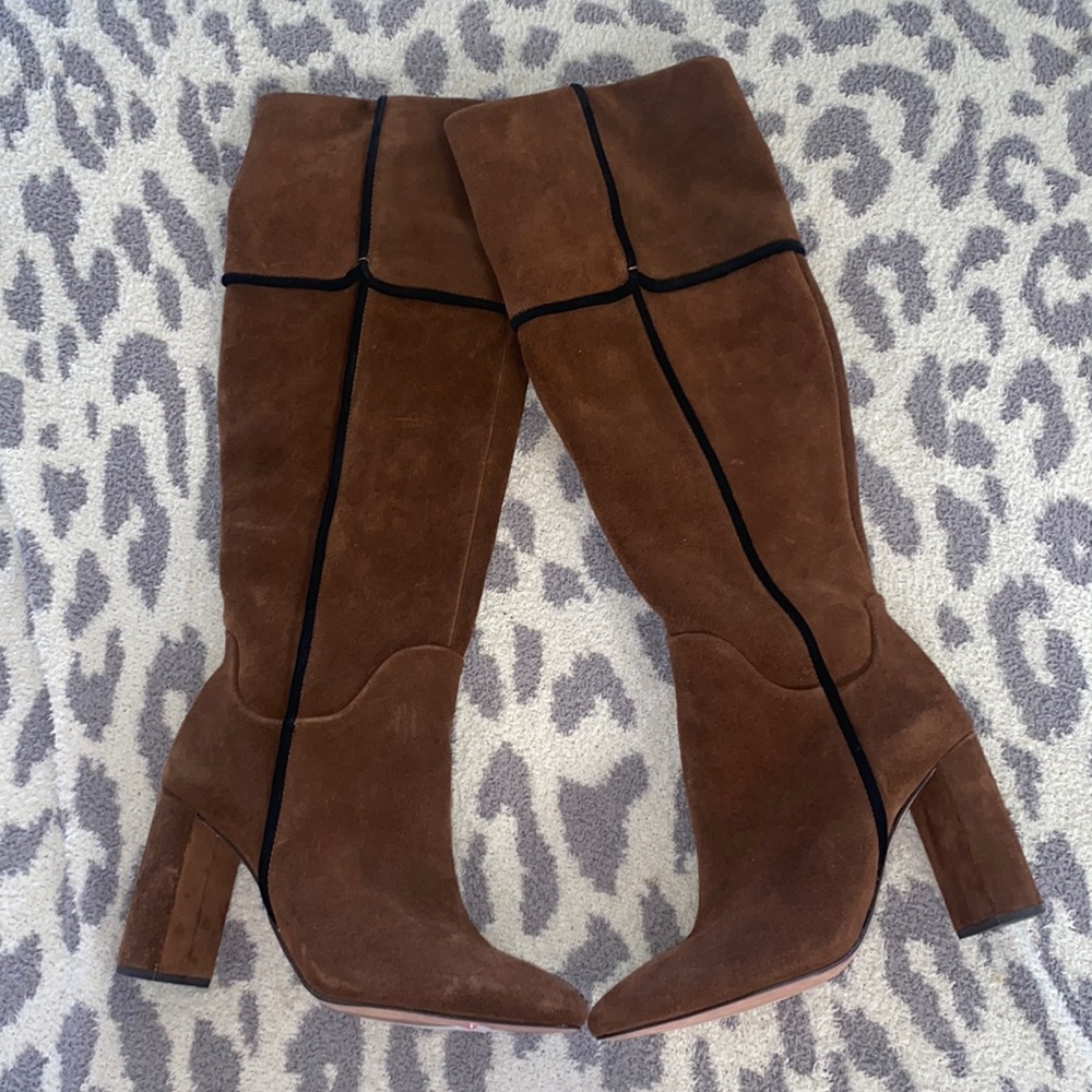 Brown Suede Knee-High Block Heel Boots